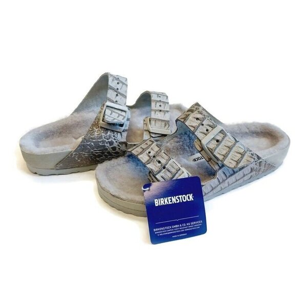 Birkenstock Womens Size 5 Arizona BS Shearling Fur Lined Sandals Croco Two Tone - Picture 10 of 10